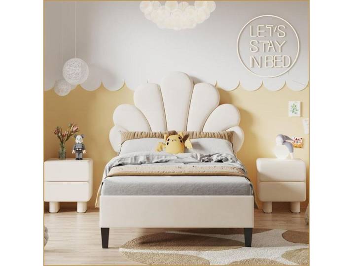 Lit Rembourré 90x200 cm - Tête de Lit Florale - Beige - Pour Adolescentes