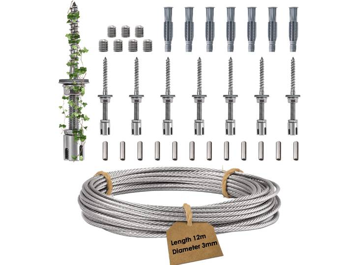 Support pour plantes grimpantes, corde de 12m, 8 supports, Kit complet de mise à niveau en acier inoxydable avec supports muraux et corde de 3mm