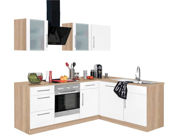 Winkelküche, Holzwerkstoff, Weiß & Braun, 220×170 cm, Mit E-Geräten, Cali, WIHO KÜCHEN