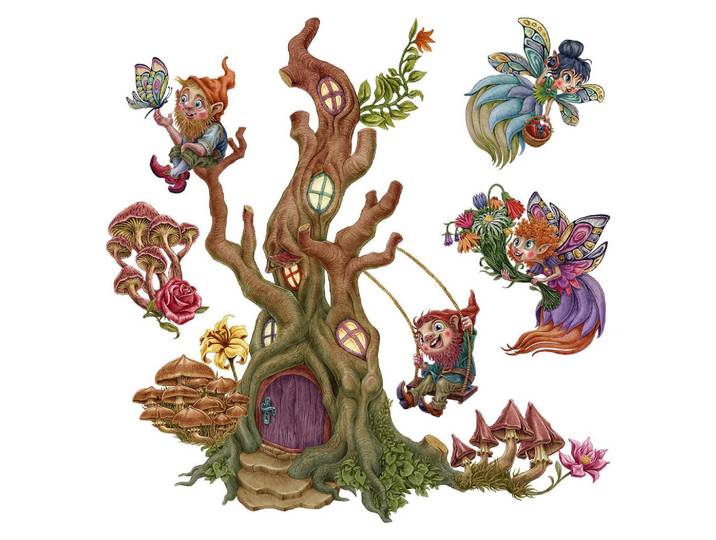 Wallfluent Wandaufkleber 80x83cm - Feenwald, Mehrfarbig, Kunststoff, Rechteckig, 80x83x0.1 cm, Tapeten & Wandverkleidungen, Wandtattoos & Sticker, Wandtattoos