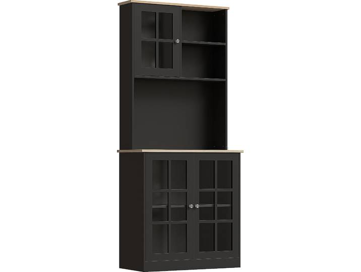 HOMCOM Buffet cuisine\, meuble cuisine rangement haut\, meuble de rangement avec plan de travail\, 3 portes vitrées\, 2 niches et étagères réglables\, 80 x 37 x 183 cm\, noir chêne