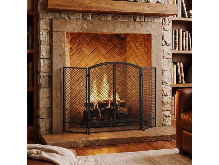 HOMCOM Pare-feu Cheminée Métal Moderne 3 Panneaux 2 Portes Noir