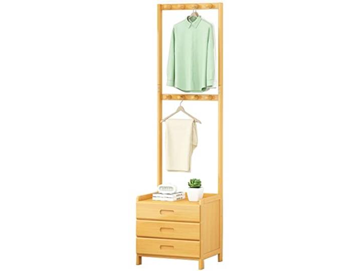 2-in-1-Kleiderständer Aus Bambus, Nachttisch, Multifunktionaler Kleiderständer, Offener Kleiderschrank Mit Schubladen, 1 Regal, 2 Schienen, Mehreren Hosenhaltern Und Mehreren Haken