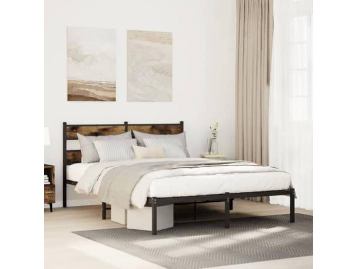Stabiler Eisenrahmen mit Kopfteil Stauraum klassisch braun 140 x 200 cm Metallbett ohne Matratze Räuchereiche 140x200 cm Bettgestell mit Kopfteil und Stauraum, Stabiler Eisenrahmen mit Lattenrost,