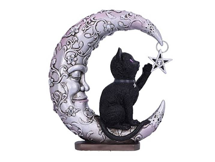 Luna Companion kat op maan beeldje 18,8 cm - gotische maan en ster zwarte kat ornament, handgeschilderde hars woondecoratie
