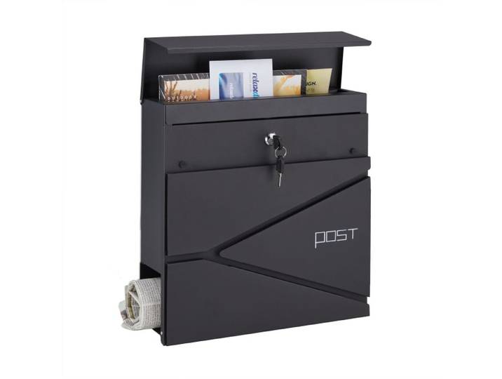 Relaxdays Schwarzer Briefkasten mit Zeitungsfach