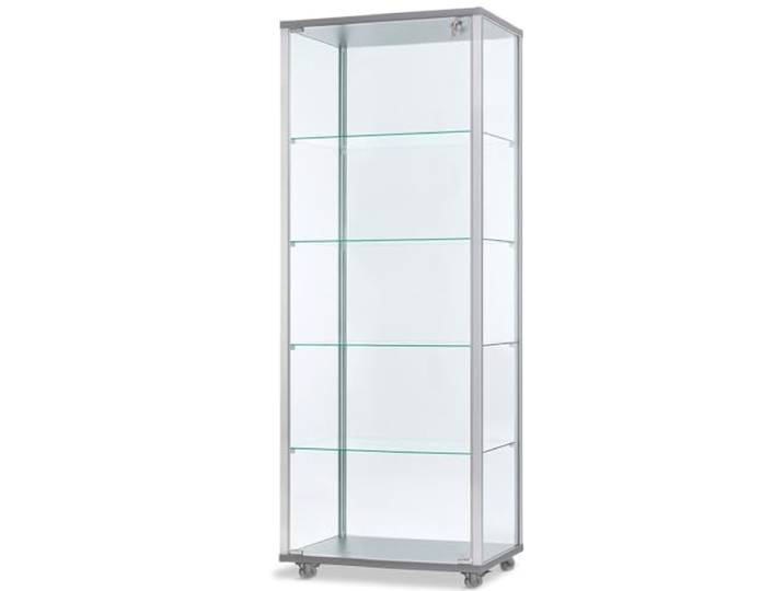Glasvitrine mit Rollen T 41,7 x B 60 x H 183 cm - breite Ausstellungs-Vitrine abschließbar - hoher Glas-Vitrinenschrank ohne Beleuchtung