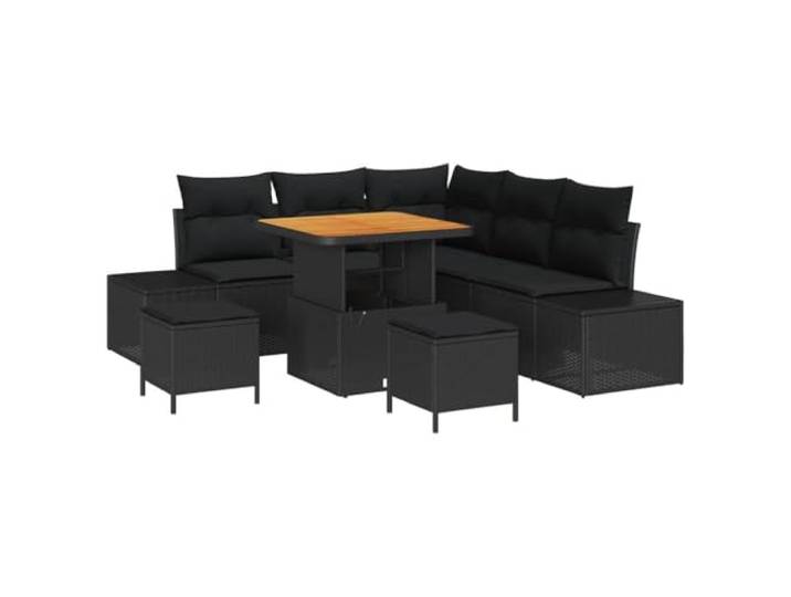 KTHLBRH Gartenmöbel-Set, 8-teilig, schwarz, Polyrattan Modulare Sessel, abnehmbare Kissen mit Reißverschluss, Tischplatte aus Akazienholz, pulverbeschichteter Stahl