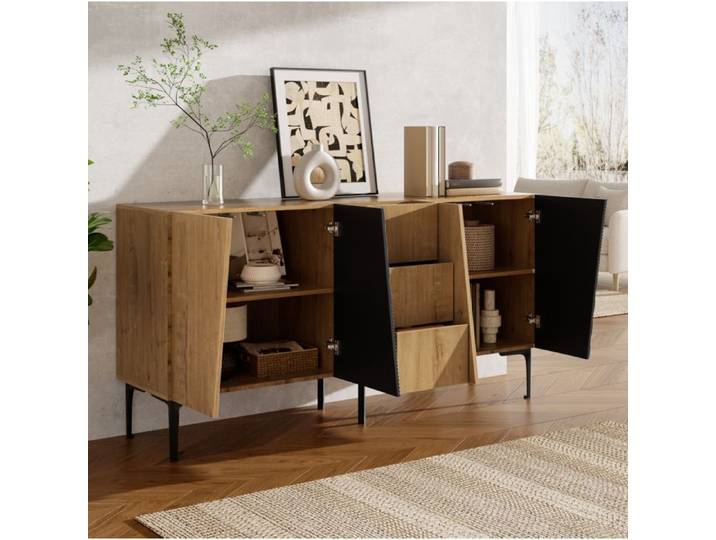 Buffet bas AESVAR 4 portes 3 tiroirs 160x40x80 cm Panneau de particules Natural+Black