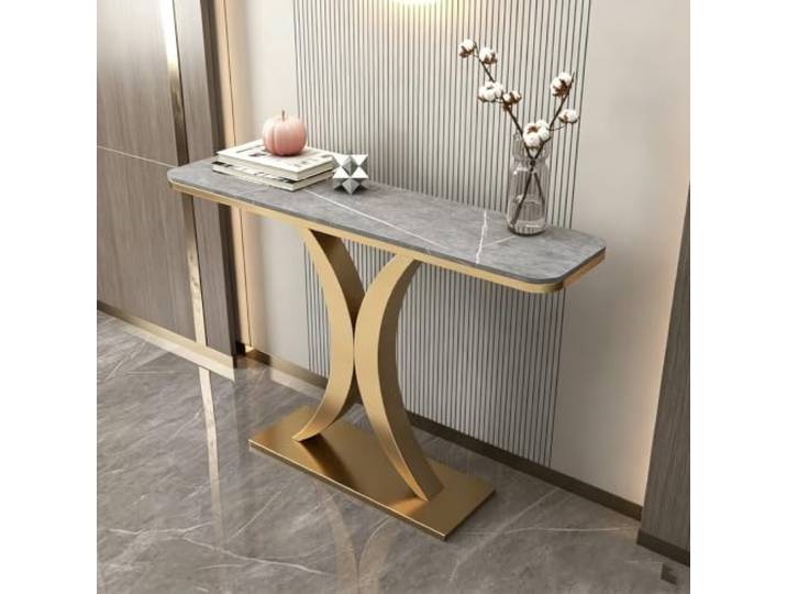LJWFZBD Moderner Konsolentisch, Schmaler Eingangstisch mit Marmor-Optik Hochwertige Steinplatte, Stabile Metallkonstruktion, Platzsparend, Modern, Elegant(Gold+Gray2,39 (100cm))