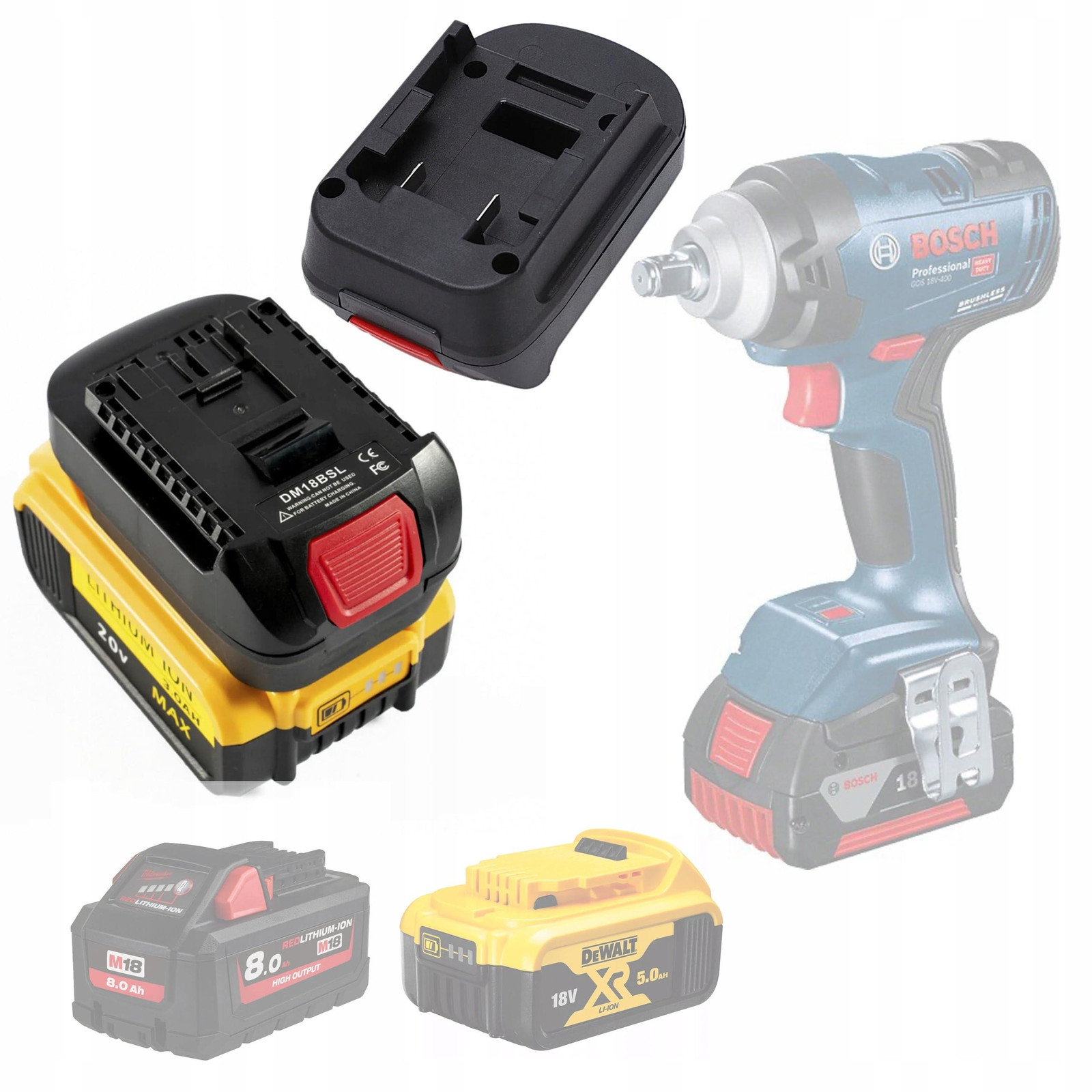 Dripio Accu-adapter Dewalt/Milwaukee 18V naar Bosch 18V met USB-poort 5V/2,1A