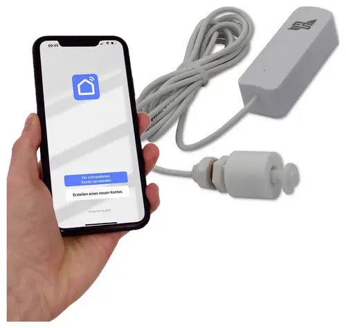Schabus 200150 WWD 150 Wireless Float switch Wassermelder mit App-Steuerung, mit Schwimmerschalter batteriebetrieben