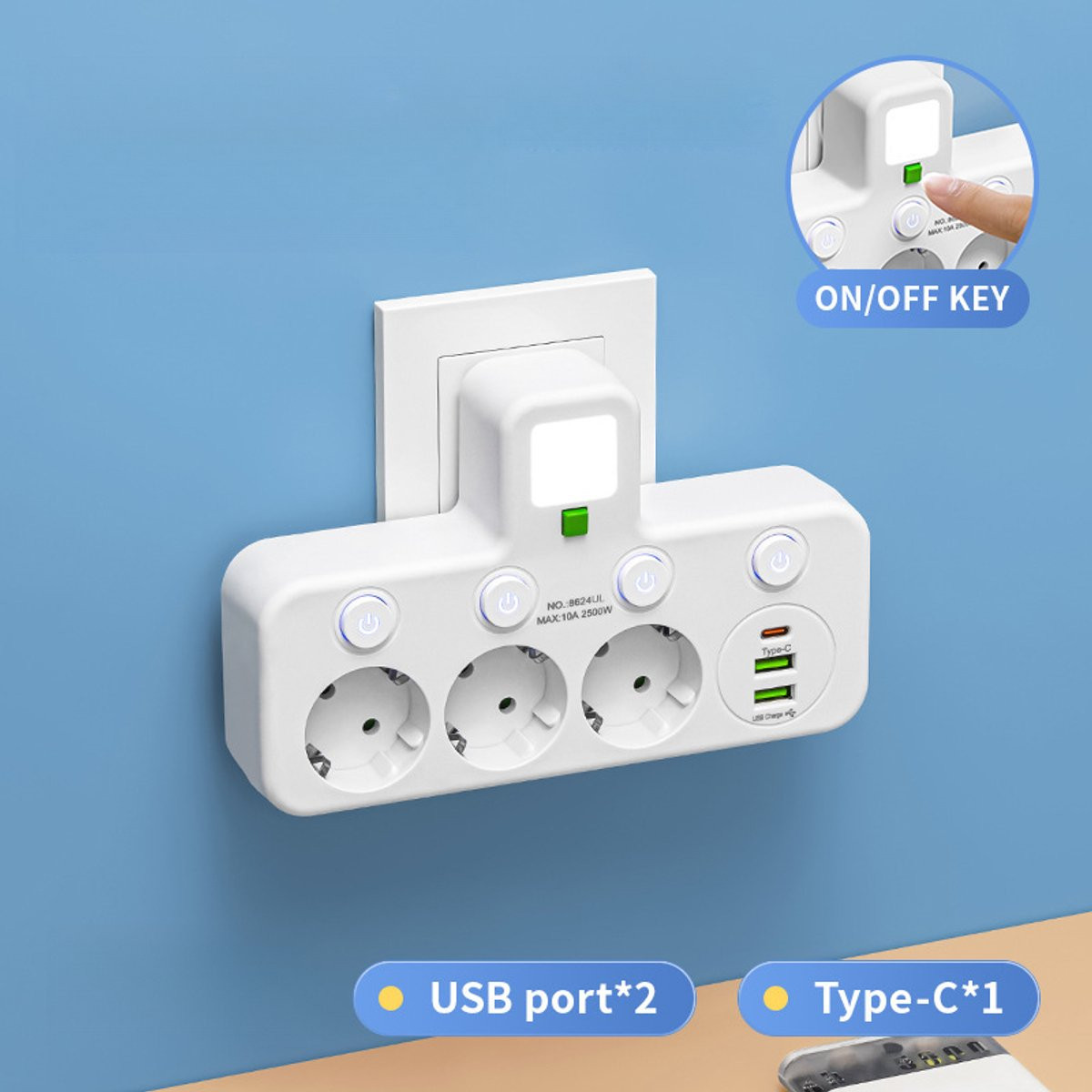 Multifunctionele stekkerdoos met schakelaar, USB- en Type-C-poorten en nachtlampje, wit
