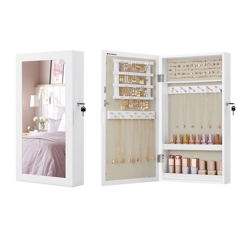 SONGMICS Spiegelschrank Oberfläche in Weiß Innenfutter in greige B34JJC051W02