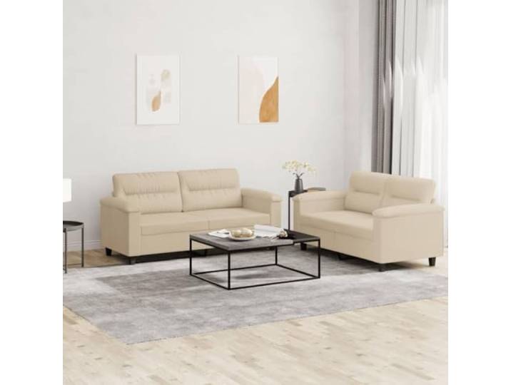 YUTAASU 2-TLG. Sofagarnitur mit Kissen Creme Mikrofaser Stabiles Sperrholzgestell, Metallrahmen, Belastbar bis 110 kg pro Sitz, Fleckenunempfindlich