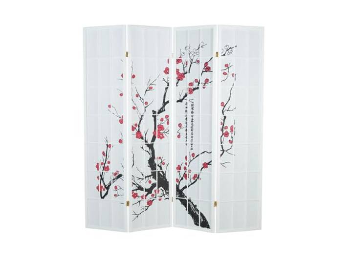 Homestyle4u Paravent 4 teilig Weiß Raumteiler Holz Shoji Reispapier Kirschblüten Shoji