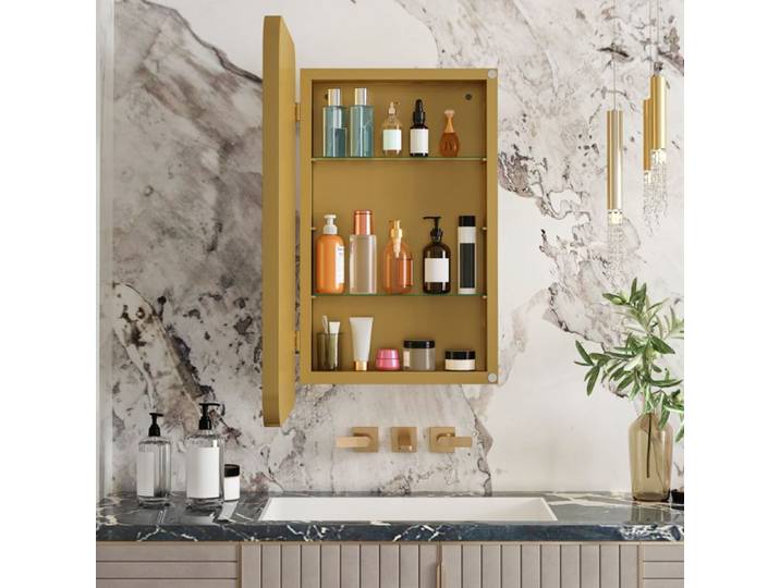 Armoire à pharmacie miroir rectangulaire dorée meuble mural ou encastré en métal et verre avec étagères réglables