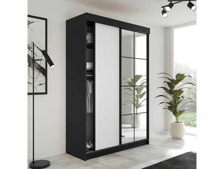 KIER FURNITURE Kleiderschrank LAMARO Schwarz/Weiß 138x205x59 cm Geräumiger Schiebeschrank mit platzsparenden Türen und Stauraum für Kleidung, Wäsche und Accessoires