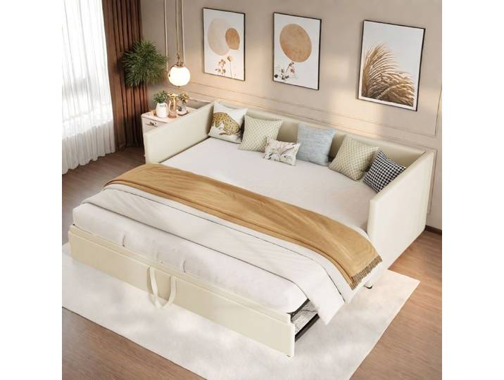 Lit gigogne 90/180x200 cm - Lit 2/3 places convertible - Canapé-lit gigogne velours- Canapé-lit extensible avec sommiers - Beige