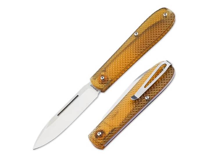 BÖKER SOLINGEN Coffin Ultem - Zweihand Slipjoint Taschenmesser 42a konform Klappmesser extra scharf mit 8 cm MagnaCut Klinge - Messer klappbar handgemacht mit Ultem Griff gelb & Etui - Made in Germany