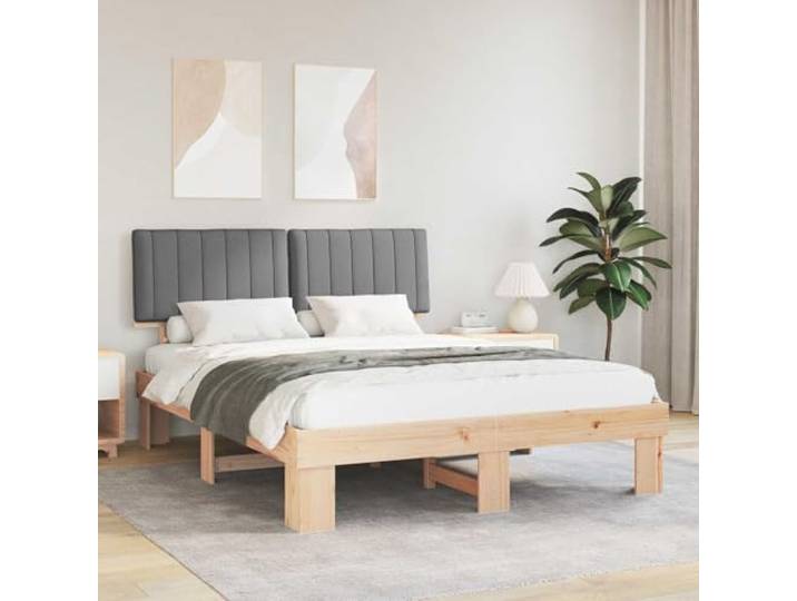 Kiefernholz Bettgestell mit gepolstertem Kopfteil Modernes Design Hellgrau Bettgestell mit gepolstertem Kopfteil Hellgrau 160x200 cm Massivholz Kiefer Polsterbett Stabil Modern