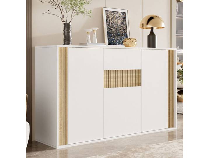 Buffet 140x40x82 cm avec LED réglable 3 portes 1 tiroir rangement panneau MDF blanc et bois naturel