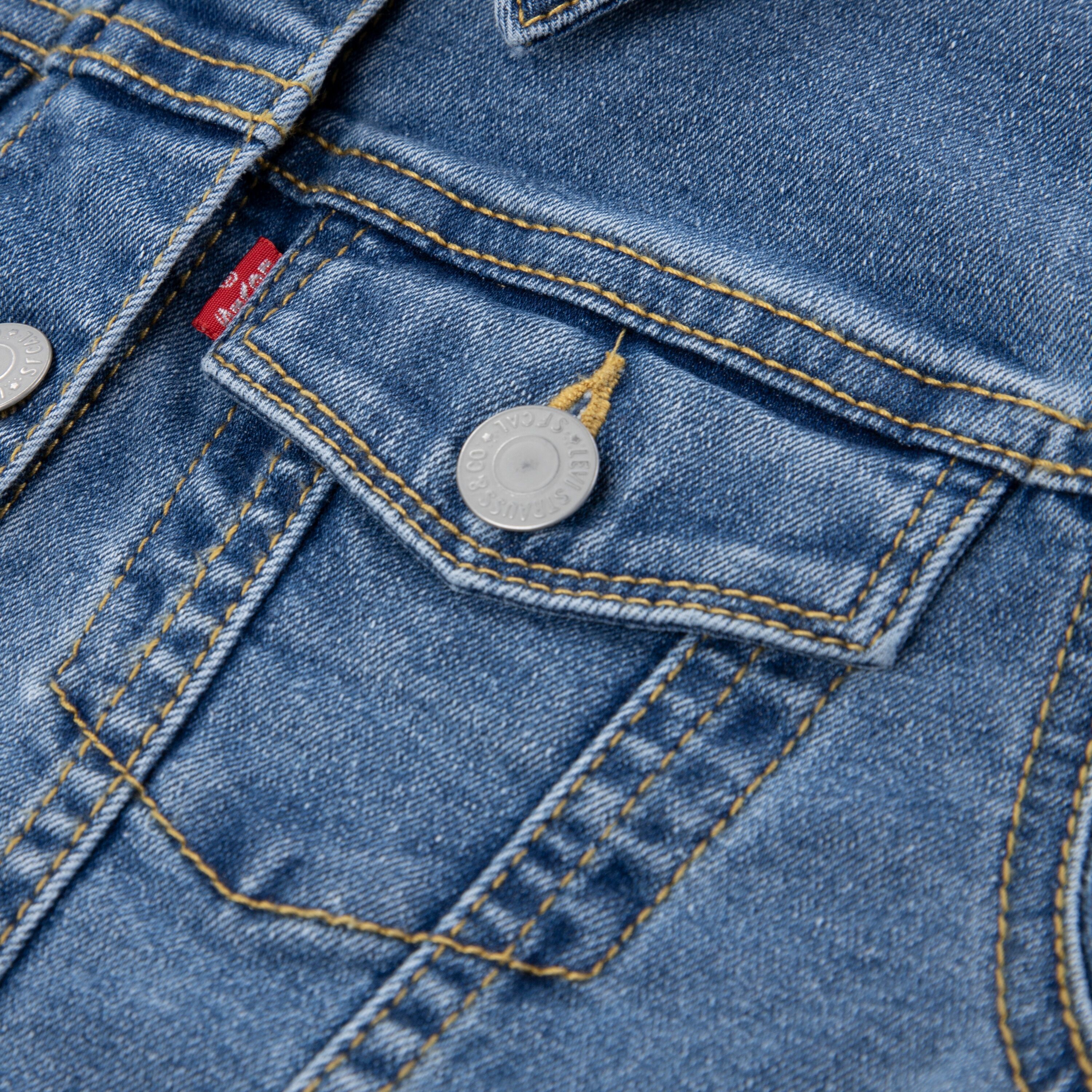 Jeansjacke LEVI'S KIDS "STRETCH TRUCKER JACKET", Mädchen, Gr. 16 (164), blau (memory lane), Denim/Jeans, Obermaterial: 70% Baumwolle, 28% Polyester, 2% Elasthan, tailliert kurz, Rundhals, Manschette, Jacken Jeansjacke, for GIRLS memory lane 16 (164)