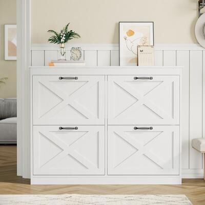 Garvee White 4 Flip Drawer Entryway Shoe Storage Cabinet Engineered Wood