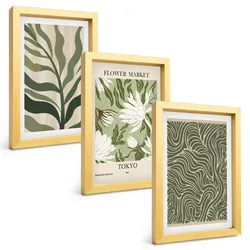 BILDER SET 3er Set - 20x30 cm Goldrahmen - Pflanzenmuster, Boho-Dekorationen