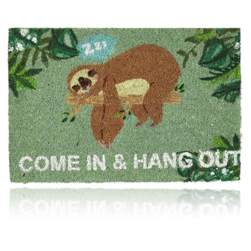 Relaxdays Deurmat Kokos Come in & Hang Out met Luiaard, Groen/Bruin, B: 60 cm, D: 40 cm