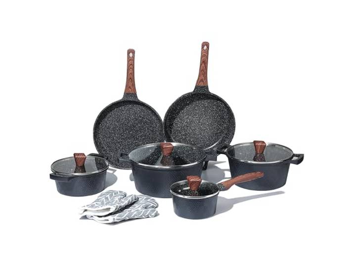 Royal Swiss® 12-teiliges Kochset aus Aluminium mit Marmor-Antihaftbeschichtung – Für Induktion, Gas, Elektro & Keramik – Glasdeckel mit Dampfauslass – PFAS-frei & spülmaschinengeeignet (Schwarz)