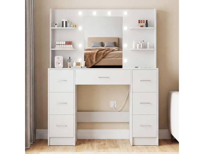 DATO Große Schminktisch mit verstellbaren LED Beleuchtung und Steckdosen, Schminktisch mit Spiegel, 7 Schubladen, 4 offenen Ablagen modern für das Schlafzimmer