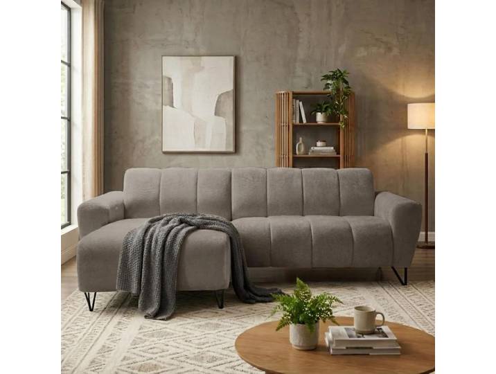 Ecksofa VOLARE MINI L-Form, Ottomane links, Chenille Storm in Kühles Beige, Sofa ohne Schlaffunktion, dekorative schwarze Metallbeine