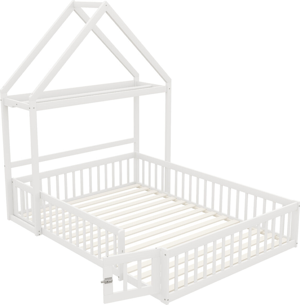 Kinderbett(Weiss,140 x 200)Kinderbettgestell aus Massivholz mit Stauraum, Vollschutzgitter und Türen und Lattenrost