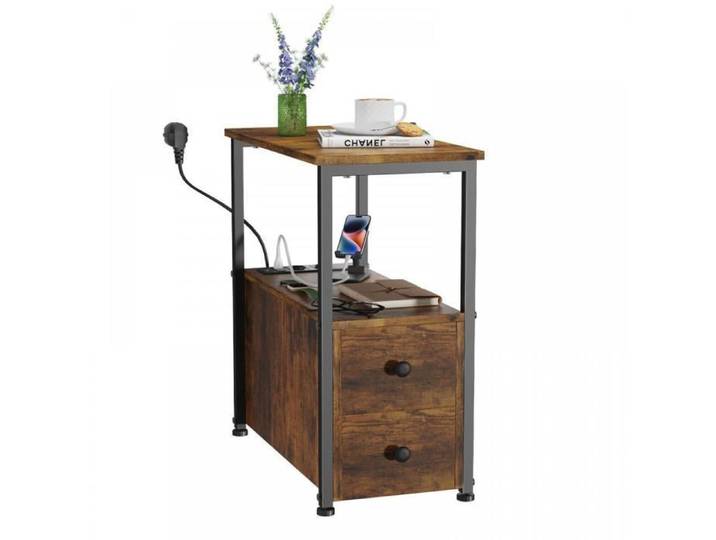 LVHCMFOHM Petit Table de chevet - Table d'Appoint étroite avec Multiprise - 2 Tiroirs et Étagères - 30x60x61 cm - Marron