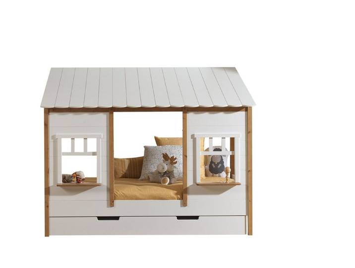 58 aufm Kessel Bettgestell Landhausbett Kamilah 215x108x174 Massivholz+MDF Oak/Weiß (inkl. Versand, Lieferung bis Verwendungsstelle), Liegefläche 90x200, Fassade mit Sprossenfenstern, Dach vorne abfallend