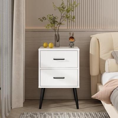 2-Drawer Nightstand with Metal Legs & Handles for Bedroom, Living Room or Apartment