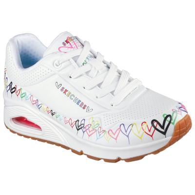 Sneaker SKECHERS "UNO", Damen, Gr. 36, atmungsaktiv, bunt (weiß bunt), Lederimitat, bedruckt, Schuhe Sneaker, Keilsneaker, Plateausneaker mit bedruckter Sohle