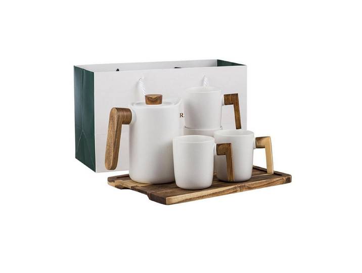 LuxusKollektion Teeservice Teekanne mit 4 Tassen Holzgriff Weiß 1100ml/350ml, Keramik