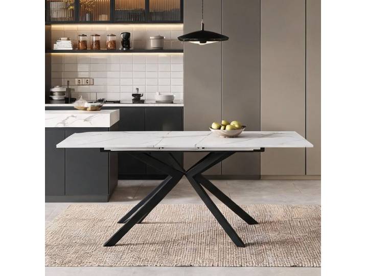 Table à manger extensible automatiquement de 4 à 6 places design croisé effet marbre noir et blanc MDF 150-180 x 70 cm