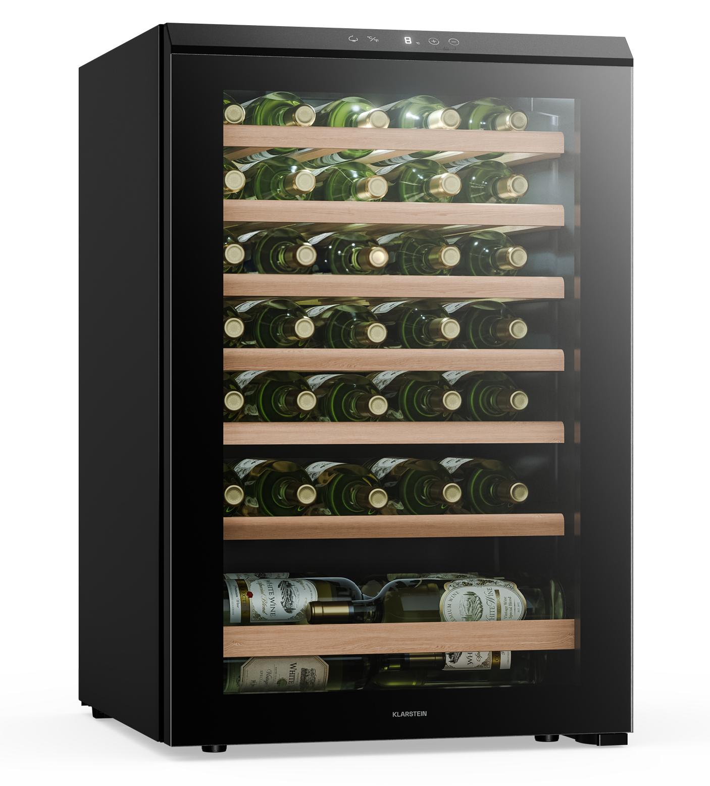 Klarstein Bevora Weinkühlschrank 48 Flaschen - Freistehender Weinkühlschrank, Touch-Bedienfeld 4-18 °C, UV-Glastür, LED-Beleuchtung, Holzablagen