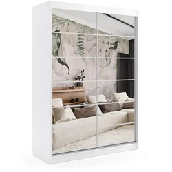 KLEIDERSCHRANK mit Spiegel-Schiebetüren und Aluminium-Leisten, LED-Beleuchtung - FLORA - 120 cm Weiß
