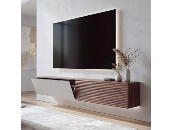 Mendler TV-Rack HWC-Q84, Wandmontage 30x160x30cm - Walnuss-Optik Lowboard, TV-Schrank, Klappfächer, 3D-Struktur, MDF, Melamin