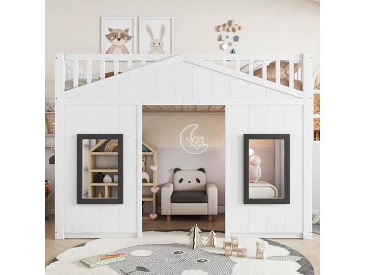 Ball & Cast Hochbett (90x200cm) Hausbett mit Fenster und Treppe, Einzelbett aus Holz mit Geländer und Exquisite Aufbewahrungsbox, Weiß