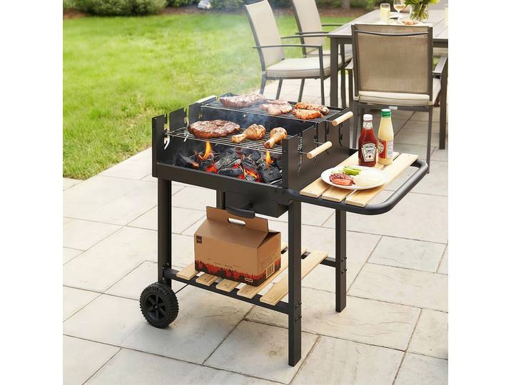 Outsunny Chariot Barbecue Bois Charbon Roulettes Noir