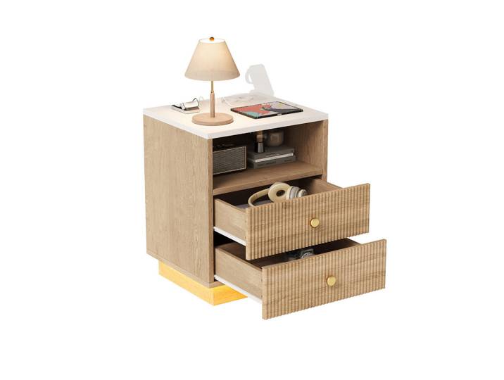 Shopentra Nachttisch Eichenoptik mit LED-Licht & Ladefunktion (2er Set), Eichefarben, 38x55x44 cm, Schlafzimmer, Nachtkästchen