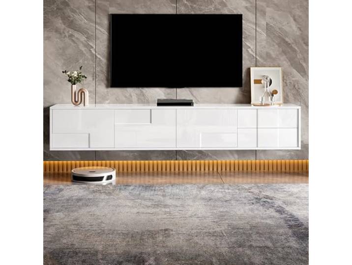 DUlVBPE Modernes TV-Lowboard Weiß 170 cm, schwebend oder stehend, vollständige Hochglanz-Oberfläche, grifflos mit 3 Türen & 2 Schubladen, viel Stauraum für Wohnzimmer