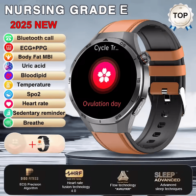 Inspire Curations AI ECG PPG Health Smartwatch With Uric Acid, Blood Lipids & Bluetooth Call brown Leather