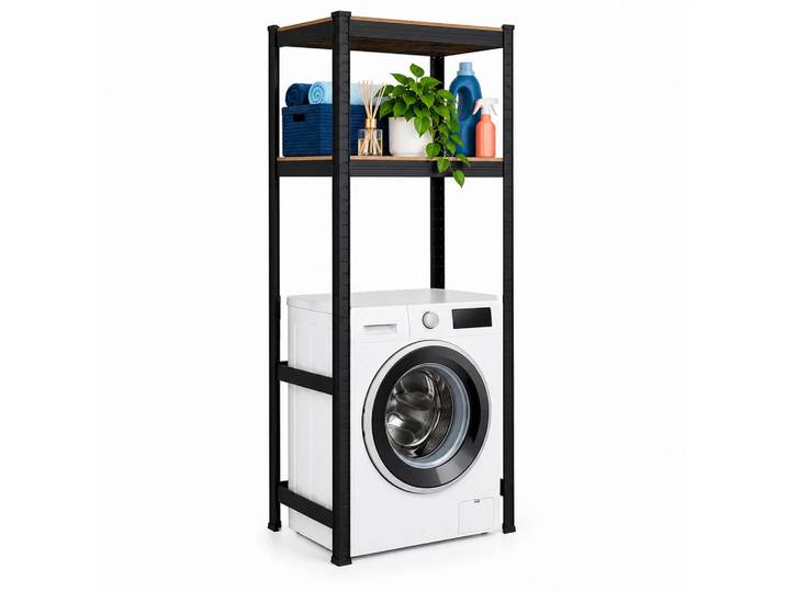 Relaxdays Waschmaschinenregal Braun Schwarz Schwerlast, Metall, Holzwerkstoff, Kunststoff, 70x150x40 cm, Badezimmer, Badezimmerregal, Badregal