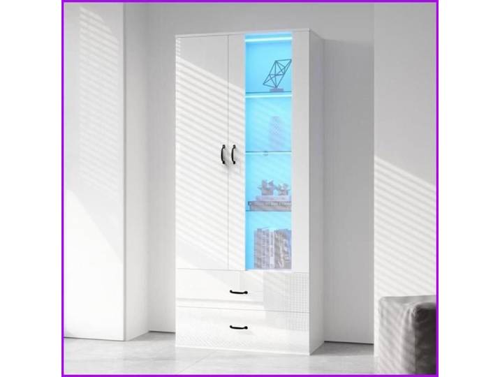 Vitrine Éclairée LED - 16 Couleurs Bluetooth - 2 Portes Acrylique/Bois - Blanc